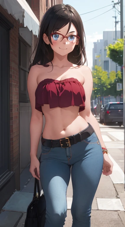 1girl, solo, full body, blue eyes, smiling, navel, red tube top, red crop top, strapless, bare arms, bare neck, bare shoulders, long jeans, belt, summer, street, black-rimmed glasses, glasses