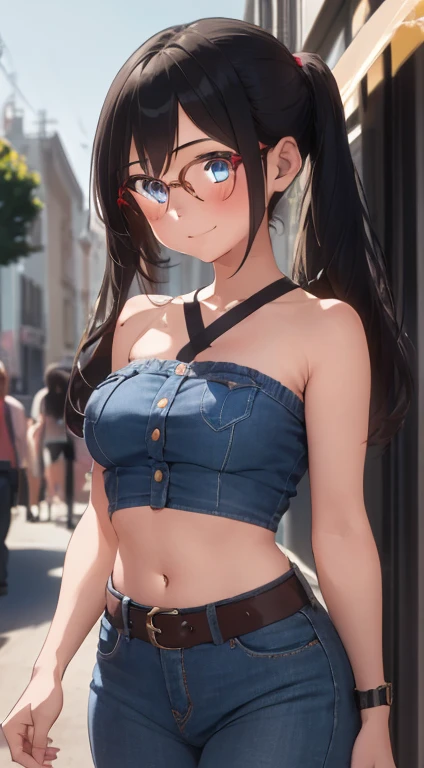 1girl, solo, full body, blue eyes, smiling, navel, red tube top, red crop top, strapless, bare arms, bare neck, bare shoulders, long jeans, belt, summer, street, black-rimmed glasses, glasses