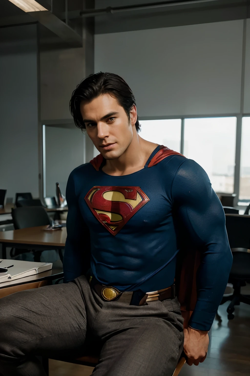 superman sitting at a table, photo of a man, sitting at desk, corporate photo, handsome man, professional portrait hd, sitting at a desk, a photo of a man, handsome and attractive, professional profile photo, attractive man, sitting behind desk, looking straight