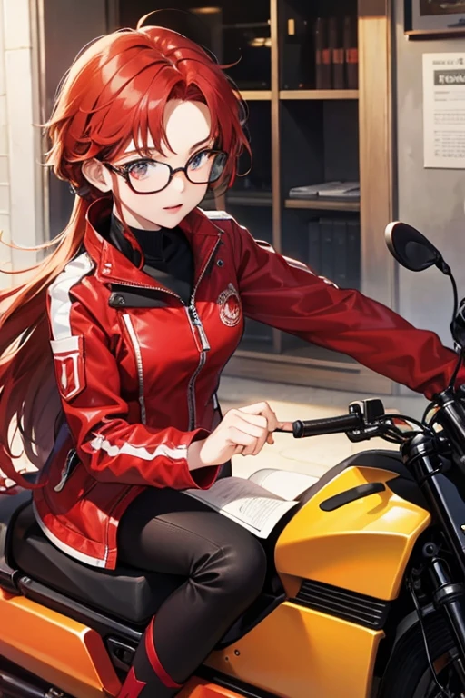 Red hair　Motorcycle Suit　２０Generation of women　Shortcuts　Glasses　Anime Style　Cute