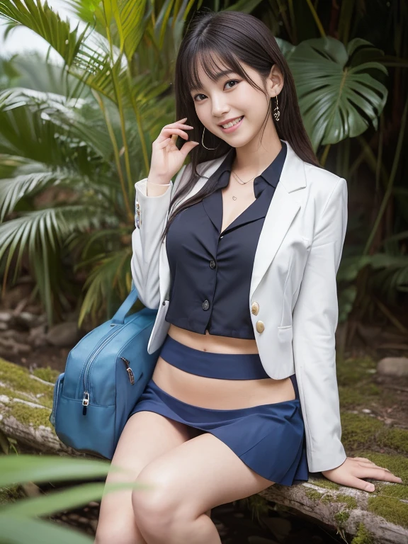 ((highest quality、In 8K、masterpiece:1.3、RAW Photos))、Ultra HD Photos, In the tropical jungle, ((Wearing a business suit jacket and skirt)), ((wear a white blouse under the jacket)), ((Perfect beauty 18 year old idol Japan woman)), ((Laughter)), ((Nipples peeking out from under the shirt,)), ((Slim figure)), ((Thin legs)), ((Thin thighs)), ((Perfect beauty 18 year old idol Japan woman)), (Realistic: 1.4), (Ultra high definition), (超Realisticな: 1.4), (Realistic: 1.3), (Smooth lighting: 1.05), whole body, One Girl, alone, (Japanese actress),　18-year-old, Cinema Lighting, ((Slim figure)), ((Leaner figure)), Excellent anatomy, Correct Anatomy, In the tropical jungle, ((Perfect beauty 18 year old idol Japan woman)), ((Slim figure)), ((Thin legs)), ((Thin thighs)), ,((Perfect beauty)), ((he has a small camping bag in one hand.)), ((squat)), ((Panties visible from under the skirt)), ((Laughter)),
