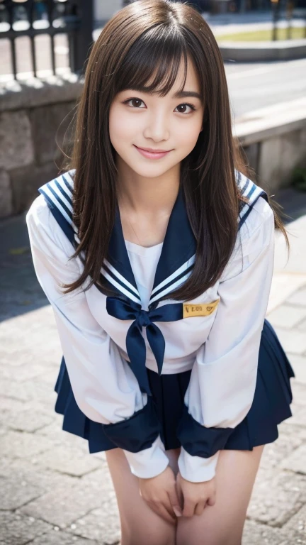 An innocent 14-year-old girl、((Sailor suit、Too much exposure、Cute and elegant, Dramatic Pose)),smile,Long Hair、RAW Photos, (8k、highest quality、masterpiece:1.2)、(Intricate details:1.4)、(Realistic:1.4)、Octane Rendering、Complex 3D rendering with ultra-detail, Studio Soft Light, Rim Light, Sharp details, Super Detail, Realistic skin texture, detailed aspects, Beautiful details in the eyes, Highly detailed CG Unity 16k wallpaper, Compensate, (Detailed Background:1.2), Glowing Skin, whole body,Put your hands down、(Stand with your feet apart,)、恥ずかしいsmile、I can see your thighs、White high heels、Bright lighting、Low Angle、Model standing、Emphasized cleavage