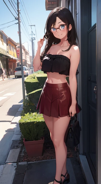 1girl, solo, full body, blue eyes, smiling, navel, red tube top, red crop top, strapless, bare arms, bare neck, bare shoulders, leather mini skirt, summer, street, black-rimmed glasses, glasses