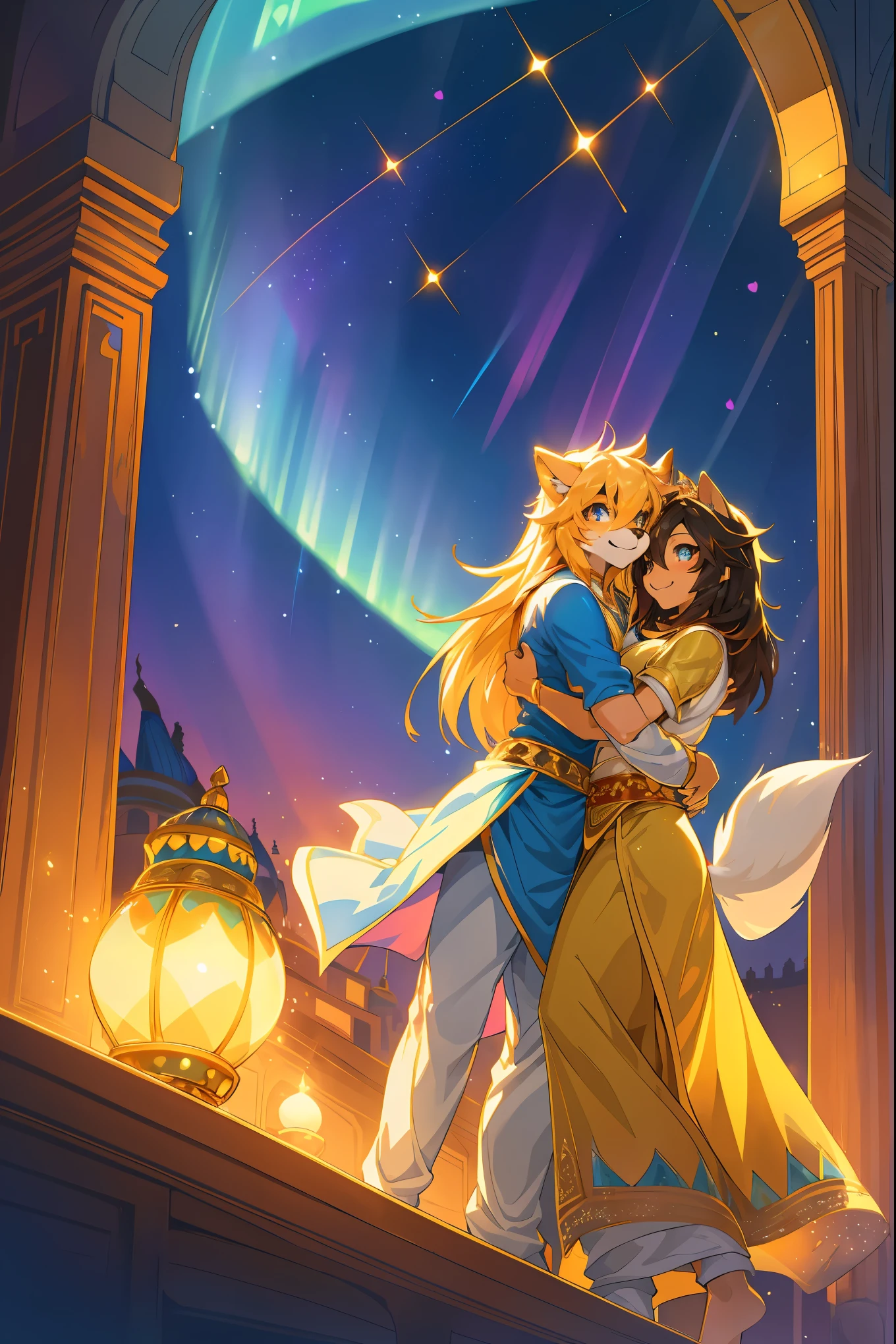 novel illustration, cover page, highres, top quality, best quality, paid reward available, unparalleled masterpiece, perfect artwork, absurdres, High-quality illustrations, super high resolution, detailed background, perfect anatomy(1girl, 1boy, couple, kemono, furry anthro, fearless smile, Arab national costume, hugs from behind, love romance)Aladdin and the magic lamp, arabian clothing, turkish lamps, mystical, dreamy, magical, enchanting, mesmerizing, alluring, seductive, captivating lamps, iridescent, luminescent, glowing, golden, rich tones, vibrant colors, bewitching lights, captivating reflections, luminescent glow, dazzling, dazzling light, enchanting illumination, mesmerizing sparkle, entrancing, bewitching glow, luminous, mesmerizing shimmer, enthralling, bewitching gleam, radiant luminosity, heavenly radiance, celestial luminosity, divine radiance, ethereal brilliance, heavenly illumination, luminescent radiance, luminous sheen, glittering, iridescent shine, bewitching aurora, enchanting aurora,