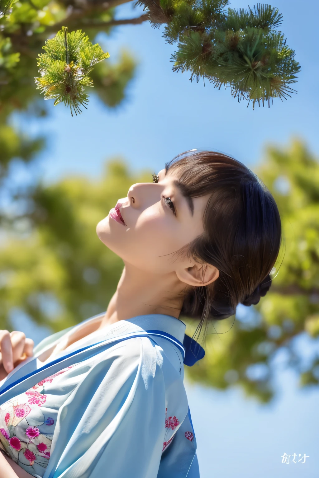 ((top-quality、8K、masuter piece:1.3))、(Beautiful, Realistic Japan),1 female、Sunny clothes in Japan、japanese kimono、(Big Tits:1.2)、perfect anatomia、Beautiful limbs、New Year、hyperdetailed face、High detailed lips、A detailed eye、double eyelid 、snowflakes falling、(Kadomatsu、Shimenawa ornament、New Year's decorations)、sideways Facing、look up sky、large tree、naturey、kou、a white world、Happy New Year、