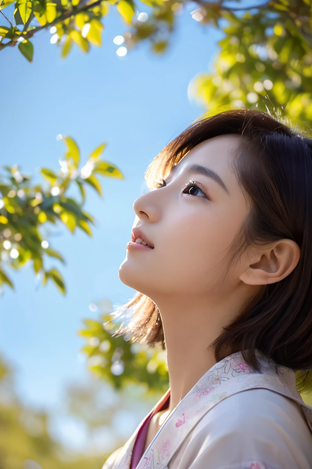 ((top-quality、8K、masuter piece:1.3))、(Beautiful, Realistic Japan),1 female、Sunny clothes in Japan、japanese kimono、(Big Tits:1.2)、perfect anatomia、Beautiful limbs、New Year、hyperdetailed face、High detailed lips、A detailed eye、double eyelid 、snowflakes falling、(Kadomatsu、Shimenawa ornament、New Year's decorations)、sideways Facing、look up sky、large tree、naturey、kou、a white world、Happy New Year、