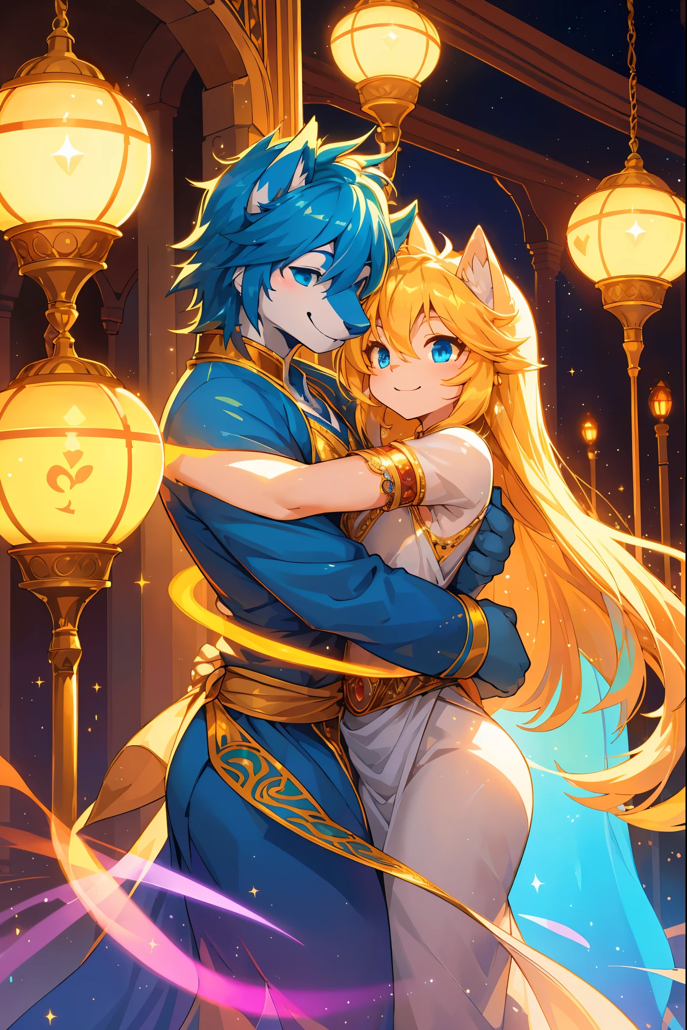 novel illustration, cover page, highres, top quality, best quality, paid reward available, unparalleled masterpiece, perfect artwork, absurdres, High-quality illustrations, super high resolution, detailed background, perfect anatomy(1girl, 1boy, couple, kemono, furry anthro, fearless smile, Arab national costume, hugs from behind, love romance)Aladdin and the magic lamp, arabian clothing, turkish lamps, mystical, dreamy, magical, enchanting, mesmerizing, alluring, seductive, captivating lamps, iridescent, luminescent, glowing, golden, rich tones, vibrant colors, bewitching lights, captivating reflections, luminescent glow, dazzling, dazzling light, enchanting illumination, mesmerizing sparkle, entrancing, bewitching glow, luminous, mesmerizing shimmer, enthralling, bewitching gleam, radiant luminosity, heavenly radiance, celestial luminosity, divine radiance, ethereal brilliance, heavenly illumination, luminescent radiance, luminous sheen, glittering, iridescent shine, bewitching aurora, enchanting aurora,