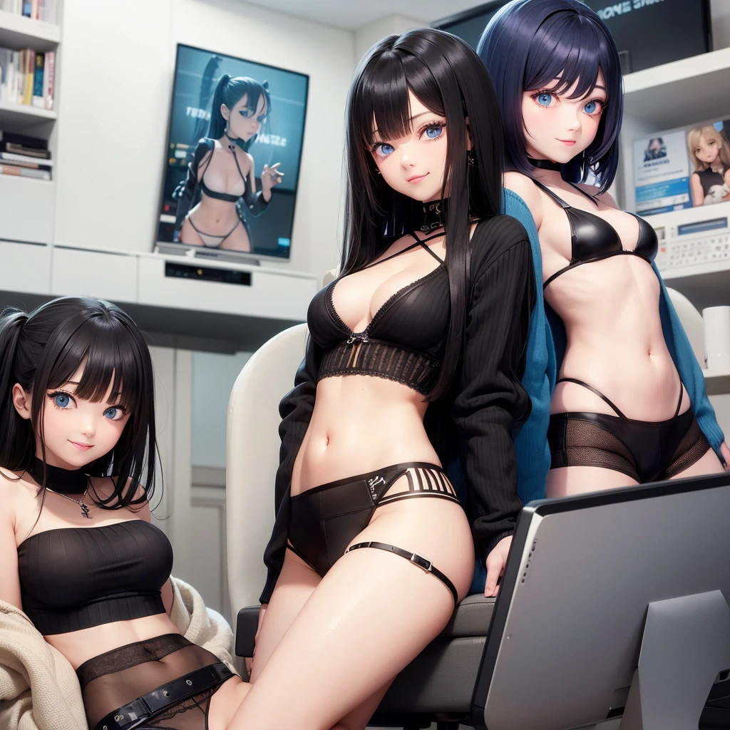 cute girls, blue eyes, black hair,smiling,cropped sweater,thong,g-string,cyborg,gaming room