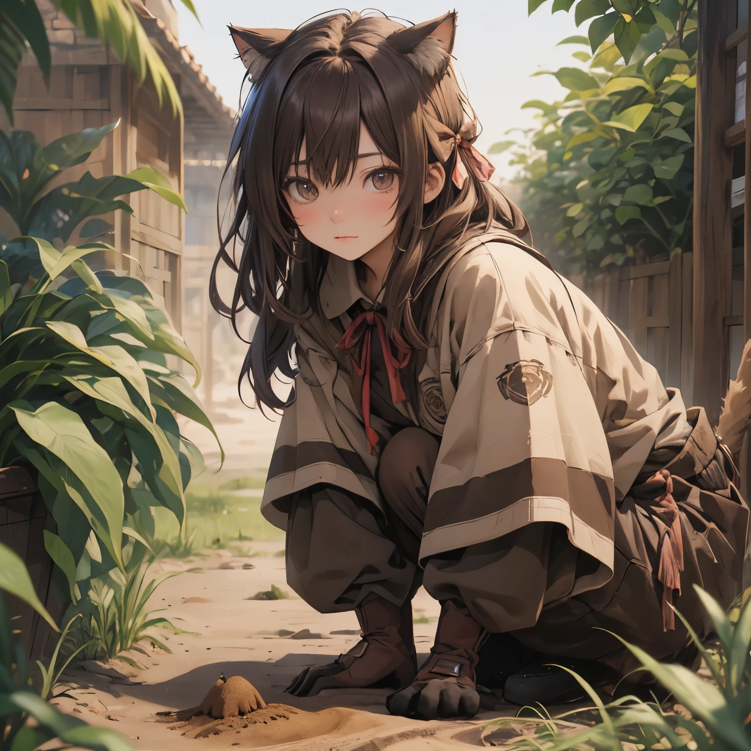 Cat with brown ribbon、Brown Hair、Brown eyes、Brown clothes、Digging the soil