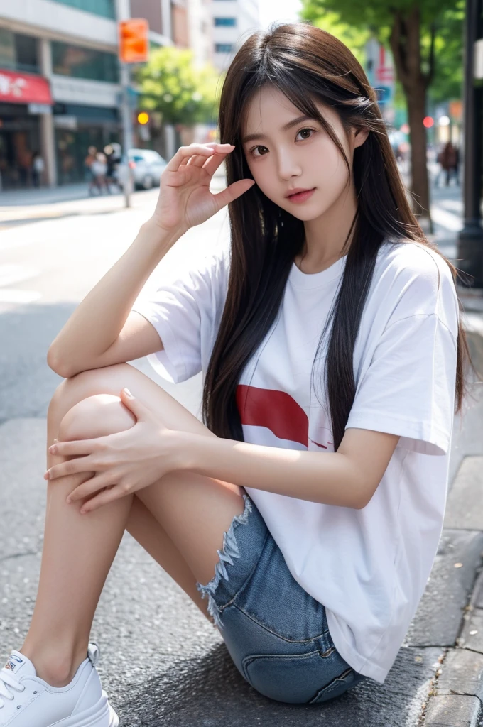 best quality, 8k, highly detailed face and skin texture, high resolution, cute long hair japanese girl in white t-shirt and short jeans stand on street, full body, sharp focus