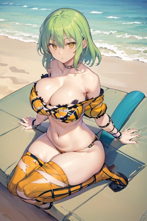 ((((((1girl))))))), (((Hikage from Senran Kagura))), masterpiece, Best Quality, pixiv, Cowboy Shot, Green hair, ((((extremely big breasts, extremely big chest, extremely wide hips, extremely big hips, extremely big ass, extremely big butt)))), (short Hair), ((Blank stare, serious face, neutral emotion)), 32K, Best Quality, Super Detail, high res, hourglass body type, ((((sitting at beach side)))), on knees, sitting on knees,