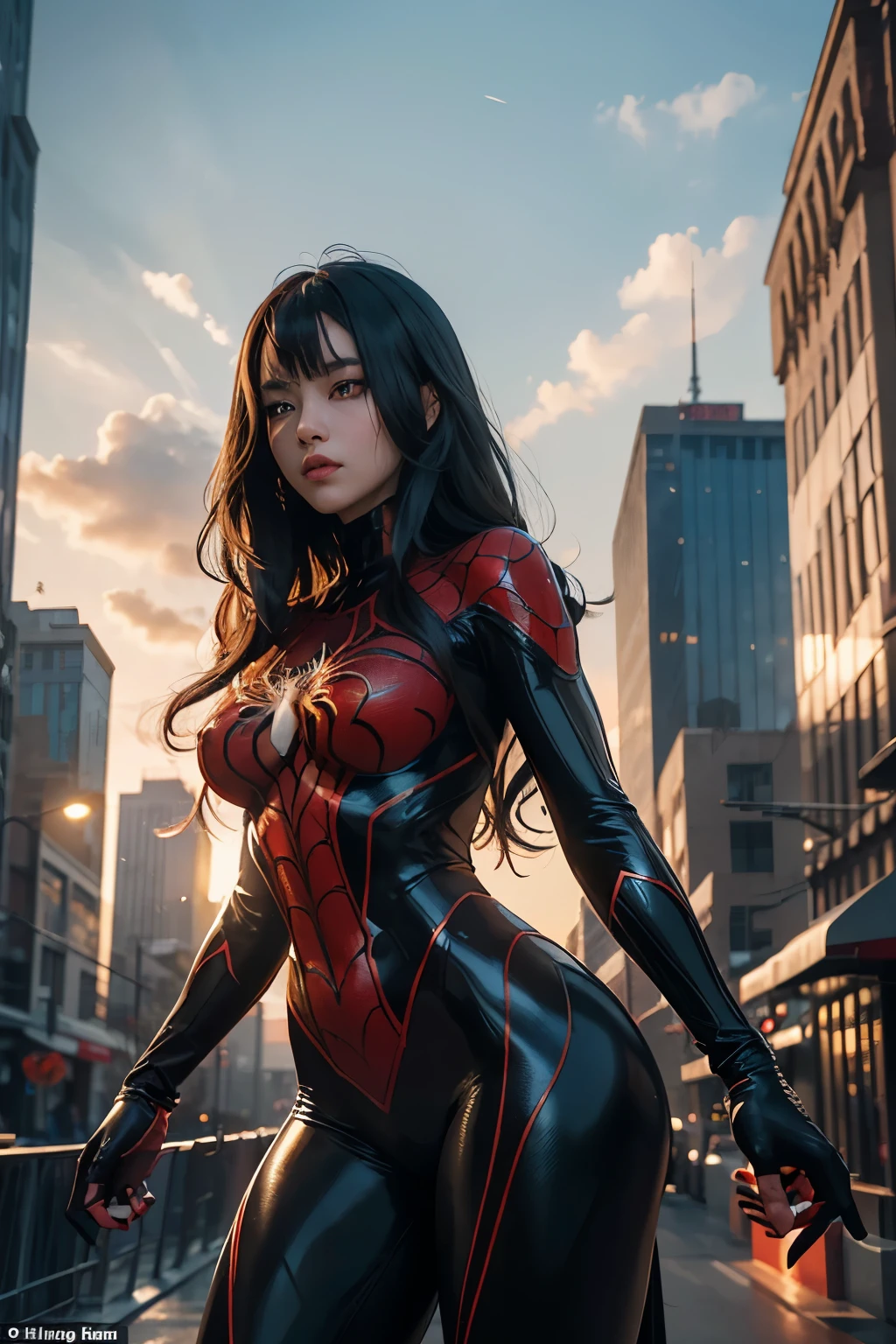 A girl clad in a spider Venom costume proudly stands on the bustling street, surrounded by towering buildings that stretch towards the impending twilight sky. The costume, meticulously designed, depicts the intricate webbed pattern that Spider-Man's infamous enemy is known for. Her eyes blaze with determination and intensity, as she gazes up at the glass-coated structures bathed in the lingering sunlight.
Sudden flashes of light reflect off her glossy, red Symbiote suit, accentuating the textures of the intricate pattern adorning her body. The dynamic pose she strikes showcases her impressive physique and unwaver