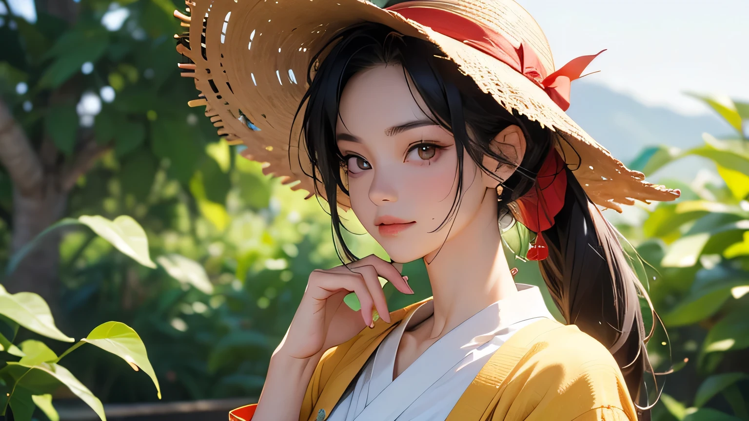 8k, highest quality, super high resolution, 1 woman, ponytail, 21 years old (realism: 1.4), upper body, (Japanese famous actress: 1.2), very beautiful, cute, professional photo, very delicate and beautiful , very detailed, very detailed and beautiful girl, very detailed face, very detailed eyes, very detailed skin, very detailed fingers, very detailed nose, very detailed mouth, perfect Anatomy, realistic body, fair skin, shiny skin, slender body, good figure, look at viewer, smile , best quality, high quality, best quality, 8k, highest resolution, high resolution, highest quality, Masterpiece, human body is realistic in every detail, realistic in every detail Realistic skin, realistic face in every detail, realistic in every detail, realistic Lips reproduced in every detail, teeth reproduced in every detail, ears reproduced in every detail, every detail Luffy has black shaggy hair, round black eyes, and is slim. She has a muscular physique. She is famous for her trademark straw hat, .[43] Luffy wears an open, red long-sleeved cardigan with four buttons, and a yellow obi around his waist that Luffy also carries ( scar under his left eye), red clothes, straw hat, one woman