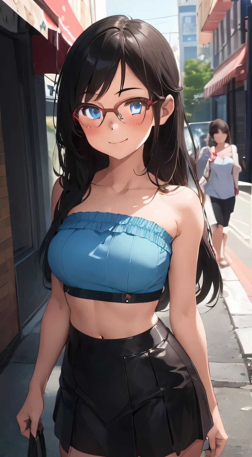 1girl, solo, full body, blue eyes, smiling, navel, red tube top, red crop top, strapless, bare arms, bare neck, bare shoulders, leather mini skirt, summer, street, black-rimmed glasses, glasses