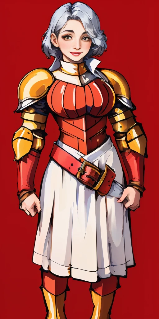 (masterpiece, best quality, 4k, 1girlsolo, 1MILF, mmplatz, smile, red cheeks, plain background:1.2) full body RED armor, view from below, looking to the viewer, arms to the sides empty hands, RED military boots, silver skull ornament attached to crossing 2 belt wide hips, 2 long legs, Female Knight (Final Fantasy Tactics)