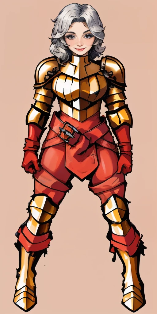 (masterpiece, best quality, 4k, 1girlsolo, 1MILF, mmplatz, smile, red cheeks, plain background:1.2) full body RED armor, view from below, looking to the viewer, arms to the sides empty hands, RED military boots, silver skull ornament attached to crossing 2 belt wide hips, 2 long legs, Female Knight (Final Fantasy Tactics)