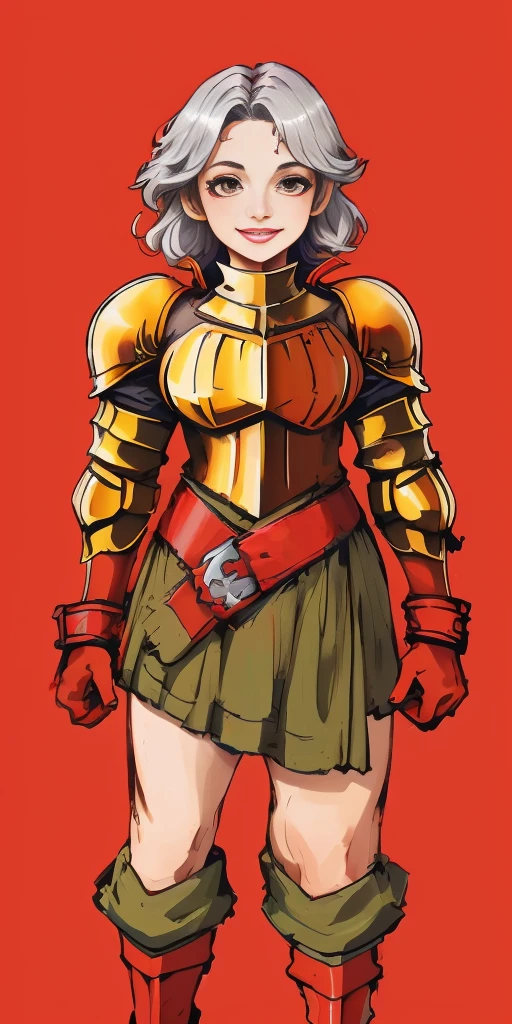 (masterpiece, best quality, 4k, 1girlsolo, 1MILF, mmplatz, smile, red cheeks, plain background:1.2) full body RED armor, view from below, looking to the viewer, arms to the sides empty hands, RED military boots, silver skull ornament attached to crossing 2 belt wide hips, 2 long legs, Female Knight (Final Fantasy Tactics)