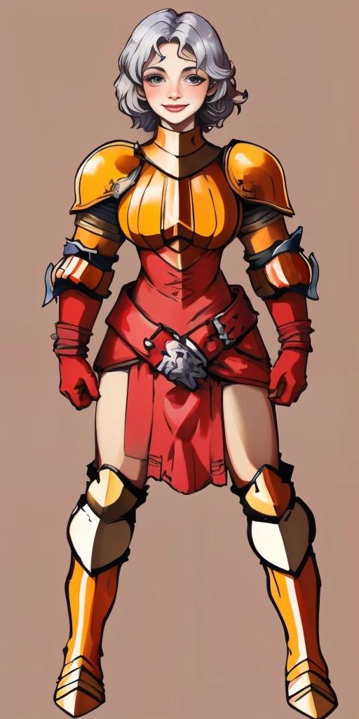 (masterpiece, best quality, 4k, 1girlsolo, 1MILF, mmplatz, smile, red cheeks, plain background:1.2) full body RED armor, view from below, looking to the viewer, arms to the sides empty hands, RED military boots, silver skull ornament attached to crossing 2 belt wide hips, 2 long legs, Female Knight (Final Fantasy Tactics)