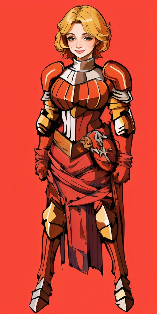 (masterpiece, best quality, 4k, 1girlsolo, 1MILF, mmplatz, smile, red cheeks, plain background:1.2) full body RED armor, view from below, looking to the viewer, arms to the sides empty hands, Female Knight (Final Fantasy Tactics)