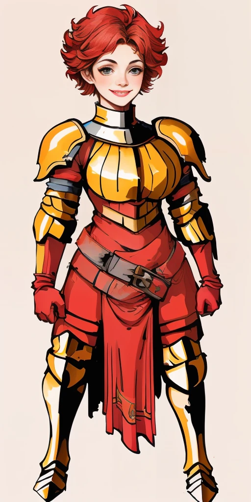 (masterpiece, best quality, 4k, 1girlsolo, 1MILF, mmplatz, smile, red cheeks, plain background:1.2) full body RED armor, view from below, looking to the viewer, arms to the sides empty hands, Female Knight (Final Fantasy Tactics)