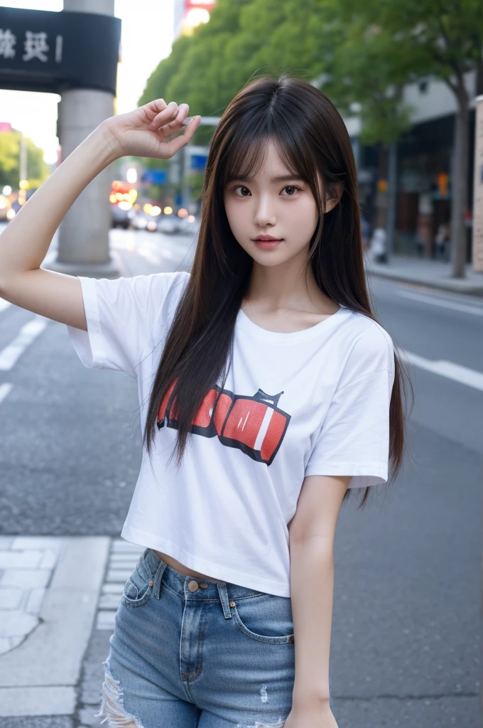 best quality, 8k, highly detailed face and skin texture, high resolution, cute long hair japanese girl in white t-shirt and short jeans stand on street, full body, sharp focus