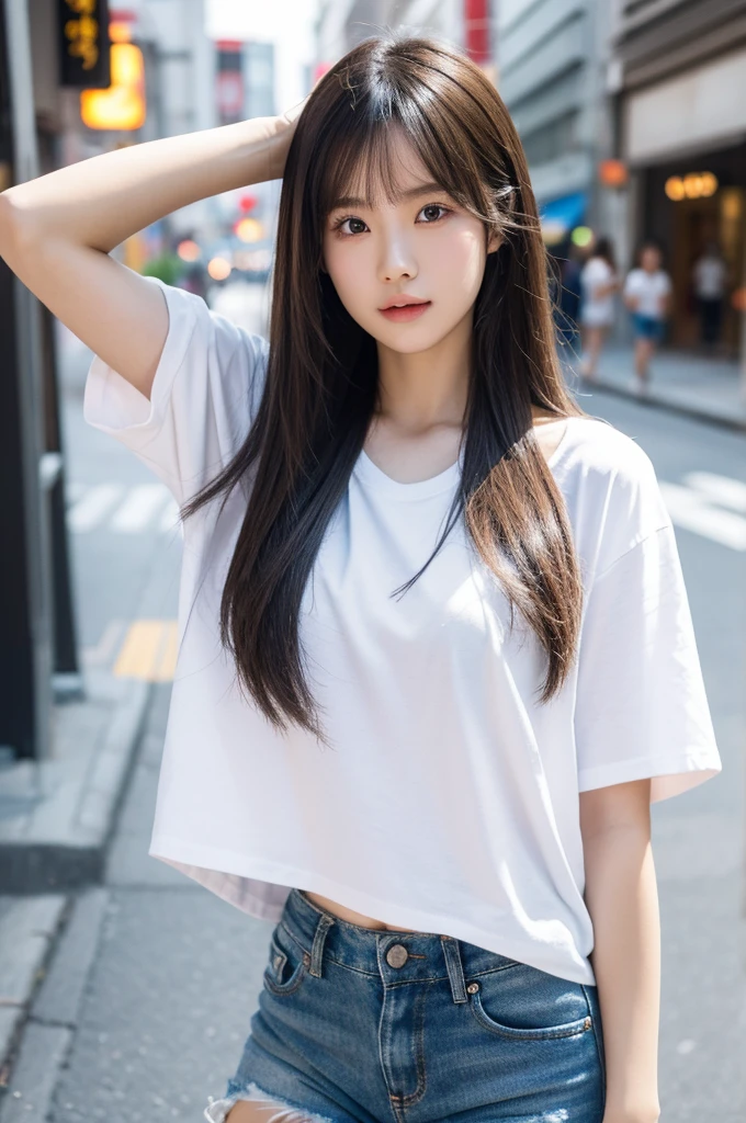 best quality, 8k, highly detailed face and skin texture, high resolution, cute long hair japanese girl in white t-shirt and short jeans stand on street, full body, sharp focus