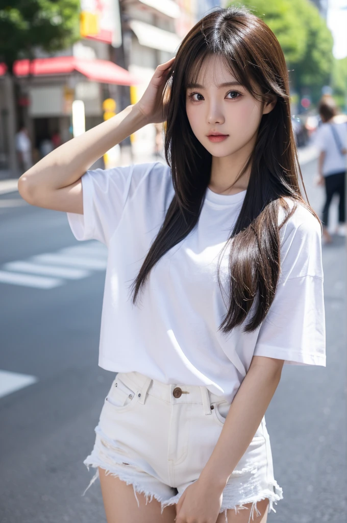 best quality, 8k, highly detailed face and skin texture, high resolution, cute long hair japanese girl in white t-shirt and short jeans stand on street, full body, sharp focus