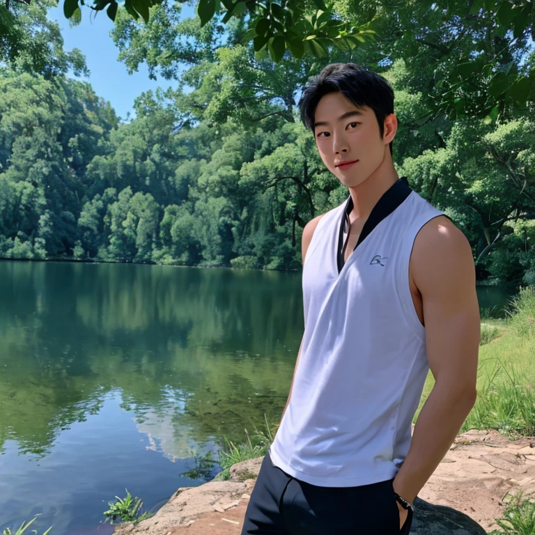 Handsome tall man, toned in body with a one-eyed tracking goggle, smirking, admiring his body in the reflection of a lake, wearing only a thong and a sleeveless shirt