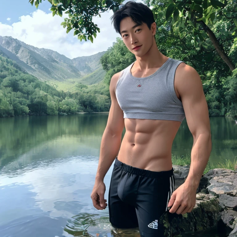 Handsome tall man, toned in body with a one-eyed tracking goggle, smirking, admiring his body in the reflection of a lake, wearing only a thong and a sleeveless shirt