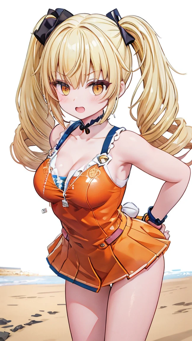 1girl, twintails, blonde hair, orange eyes, medium breast, beach background, sexy pose, bare shoulders, bare arms, cleavage, smile, open mouth, Drill hair, bare legs, wink the eye, looking at viewer, ass, cleavage, bikini