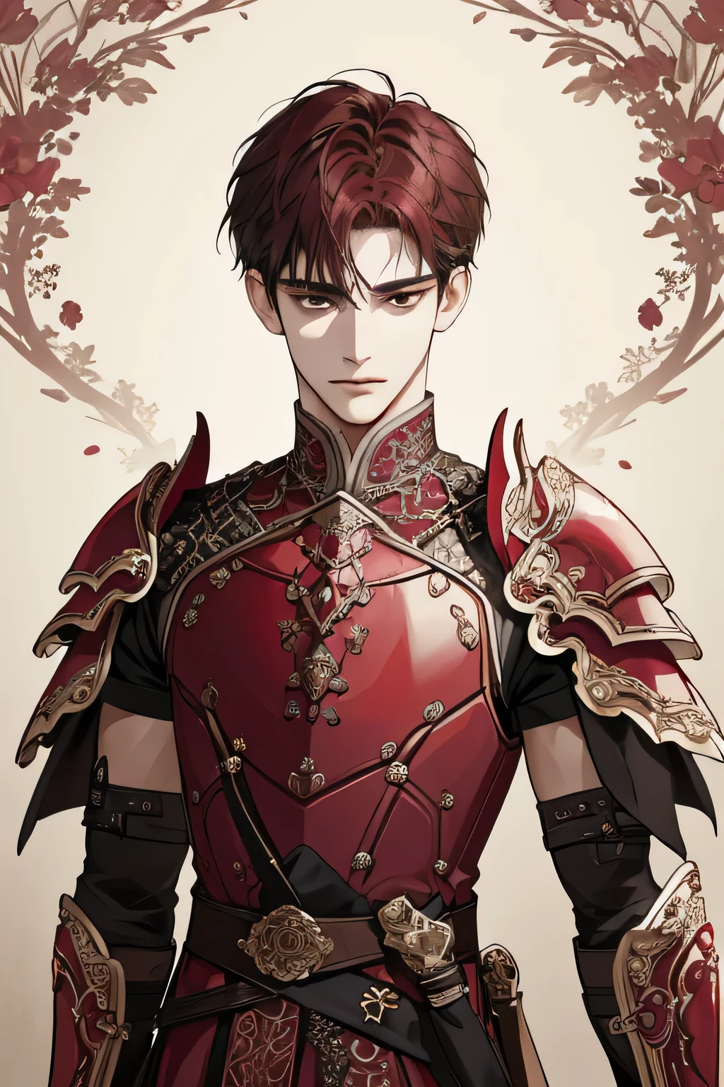 (extreamly delicate and beautiful:1.2), 8K,(masterpiece:1.0),(best_quality:1.0), 1 Boy, and intricate detailing, Enlarged textures, and intricate detailing, finely eye and detailed face, and intricate detailing, shiraga, maroon red short hair, (closed mouths), Perfect eyes, Equal eyes, black eyes (A Male god) sword master, body armor
Look at camera