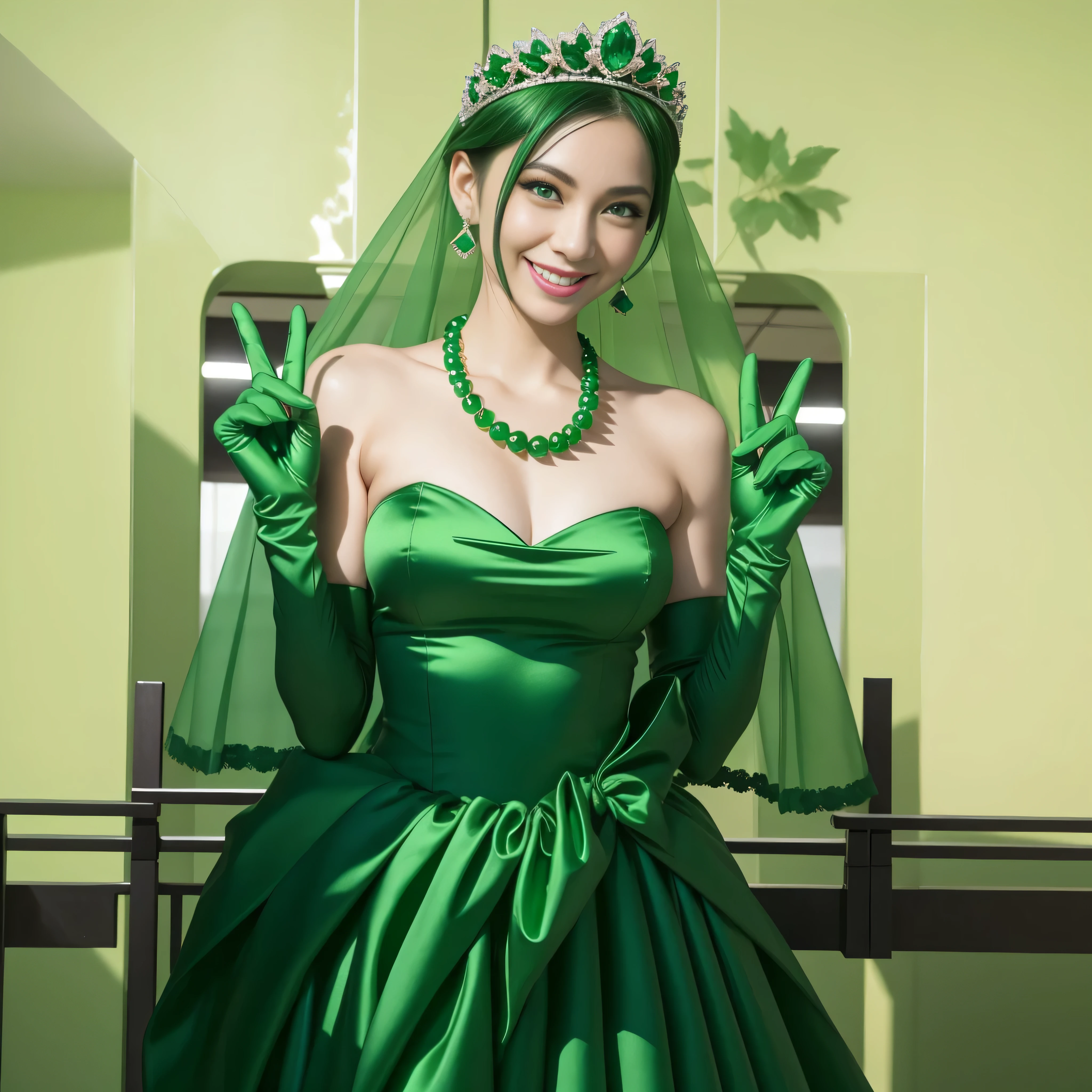 Emerald tiara, Green Pearl Necklace, Boyish very short green hair, lipstick, Smiling Japanese woman, Very short hair, Big tits beautiful, Green Eyes, Long green satin gloves, Green Eyes, v sign, Emerald Earrings, Green Veil