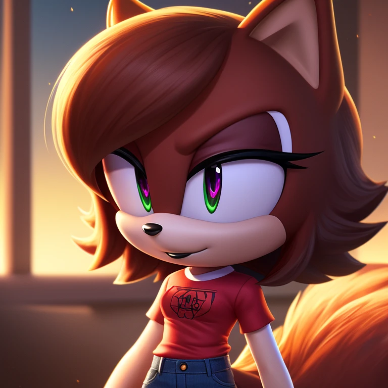 sonic_(series), mobian squirrel, thin body, skinny figure, brown hair, wavy bangs, short hair, fluffy hair, white fur, violet eyes, black eyelids, t-shirt, jeans, beautiful, pretty, cute, masterpiece, 4k, high quality, studio quality, detailed, insanely detailed, extreme detail, refined detail, perfect detail, max detail, black lipstick, squirrel girl