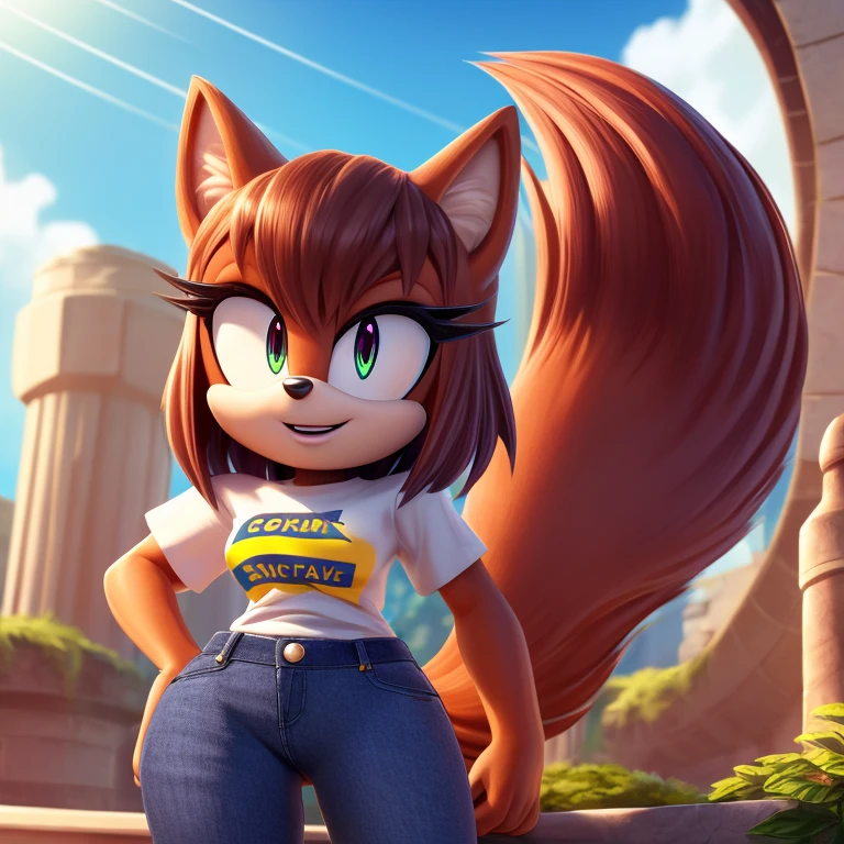 sonic_(series), mobian squirrel, thin body, skinny figure, brown hair, wavy bangs, short hair, fluffy hair, white fur, violet eyes, black eyelids, t-shirt, jeans, beautiful, pretty, cute, masterpiece, 4k, high quality, studio quality, detailed, insanely detailed, extreme detail, refined detail, perfect detail, max detail, black lipstick, squirrel girl