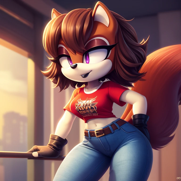 sonic_(series), mobian squirrel, thin body, skinny figure, brown hair, wavy bangs, short hair, fluffy hair, white fur, violet eyes, black eyelids, t-shirt, jeans, beautiful, pretty, cute, masterpiece, 4k, high quality, studio quality, detailed, insanely detailed, extreme detail, refined detail, perfect detail, max detail, black lipstick, squirrel girl