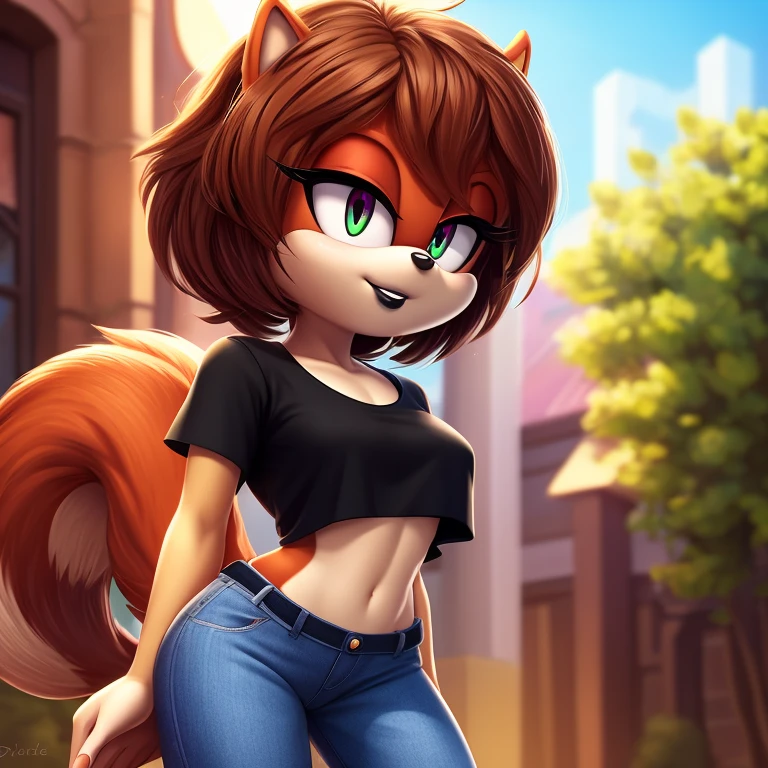 sonic_(series), mobian squirrel, thin body, skinny figure, brown hair, wavy bangs, short hair, fluffy hair, white fur, violet eyes, black eyelids, t-shirt, jeans, beautiful, pretty, cute, masterpiece, 4k, high quality, studio quality, detailed, insanely detailed, extreme detail, refined detail, perfect detail, max detail, black lipstick, squirrel girl