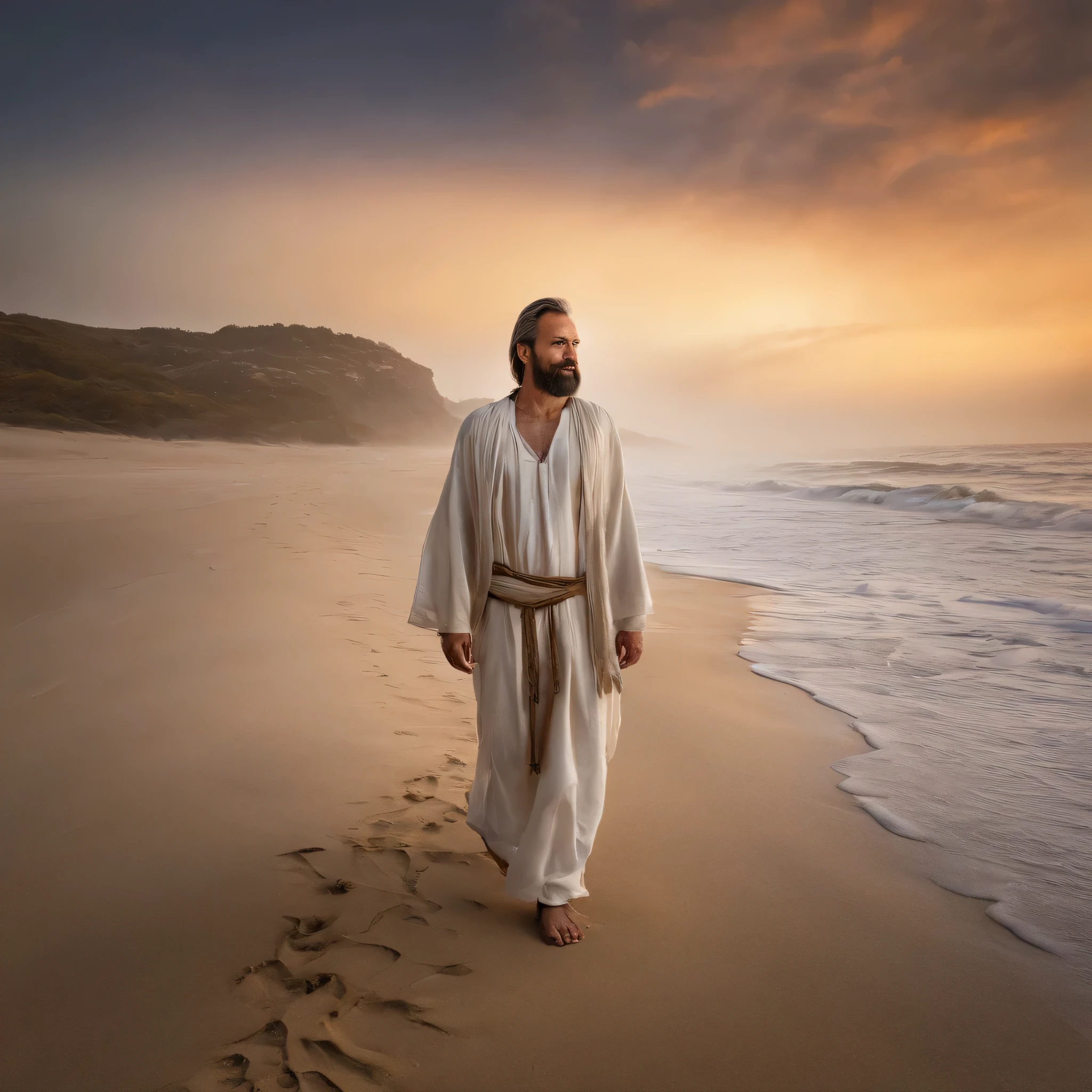 Jesus Christ standing on the beach, olhando para o horizonte do mar. He wears a white tunic with a golden sash at his waist.. His face has an expression of peace and wisdom. The wind swings her long light brown hair. At his side is one of his disciples, olhando admirado para Jesus. The disciple has dark hair and beard. They're both barefoot in the soft sand. The sky at dusk is orange and purplish tones. The sea is calm with gentle waves. The water reflects the light of the sunset in golden tones. The setting conveys tranquility and connection with nature. It is photographed with soft focus, cores vibrantes e profundidade., Thick fog on the ground, Luz azul no horizonte, Motor irreal 5, cinematographic, Low-angle photography, desfoque de movimento, profundidade de campo, Dust, Cobblestones and dirt. arte splash, pingando tinta. Perfect color classification. influenciado por karel Appel e jeremy mann, full of dramatic and threatening scenes, hiper-detalhado, lindo, detalhes insanos, detalhes intrincados, fotografia editorial, fotografado com uma lente de 50mm, profundidade de campo, Tilt Blur, velocidade do obturador 1/1000, f/22. mapas de luz, super brilhante