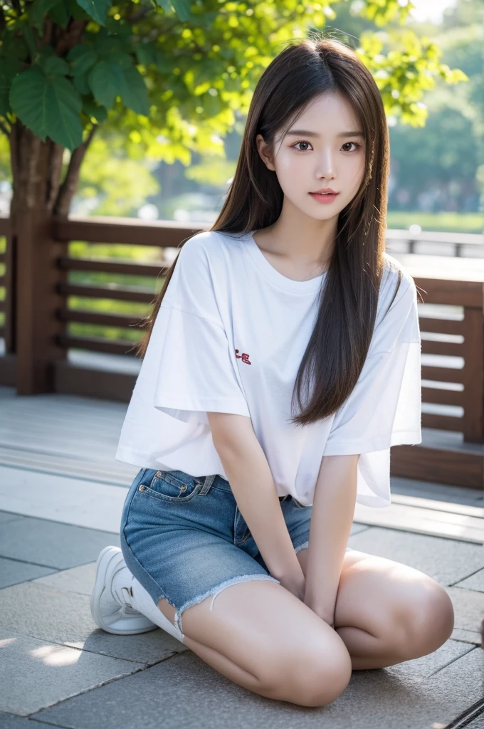 best quality, 8k, highly detailed face and skin texture, high resolution, cute long hair japanese girl in white t-shirt and short jeans stand at park, full body, sharp focus