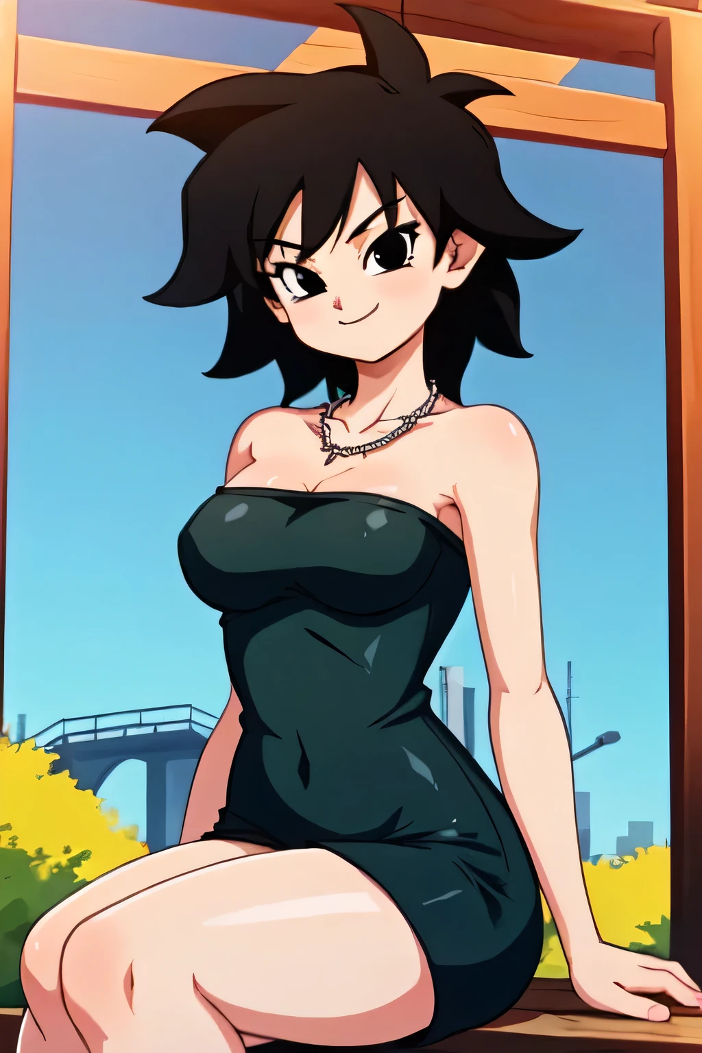 gine, 1girl, sunlight, solo, closed, blue sky, black hair, black eyes, city, bare shoulders, medium breast, collarbone, cowboy shot, short hair, looking at viewer, smile, looking at viewer, spiked hair, strapless black tube dress, necklace, pier, docks, left hand on hips, sitting on a park bench
