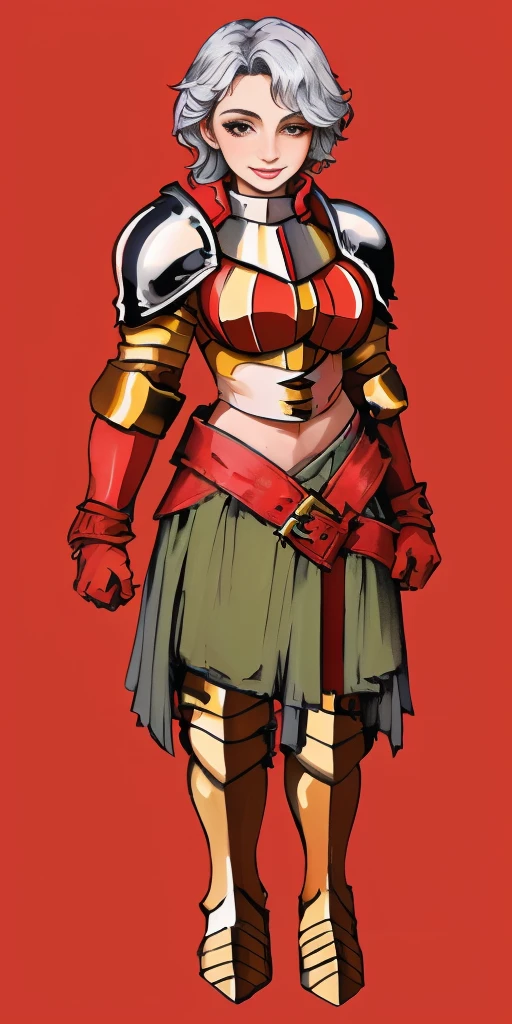 (masterpiece, best quality, 4k, 1girlsolo, 1MILF, mmplatz, smile, red cheeks, plain background:1.2) full body BIKINI RED armor, BIKINI ARMOR, view from below, looking to the viewer, arms to the sides empty hands, RED military boots, silver skull ornament attached to crossing 2 belt wide hips, 2 long legs, Female Knight (Final Fantasy Tactics)