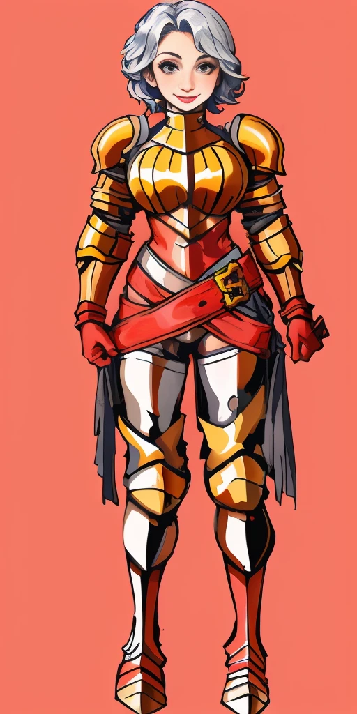 (masterpiece, best quality, 4k, 1girlsolo, 1MILF, mmplatz, smile, red cheeks, plain background:1.2) full body BIKINI RED armor, BIKINI ARMOR, view from below, looking to the viewer, arms to the sides empty hands, RED military boots, silver skull ornament attached to crossing 2 belt wide hips, 2 long legs, Female Knight (Final Fantasy Tactics)