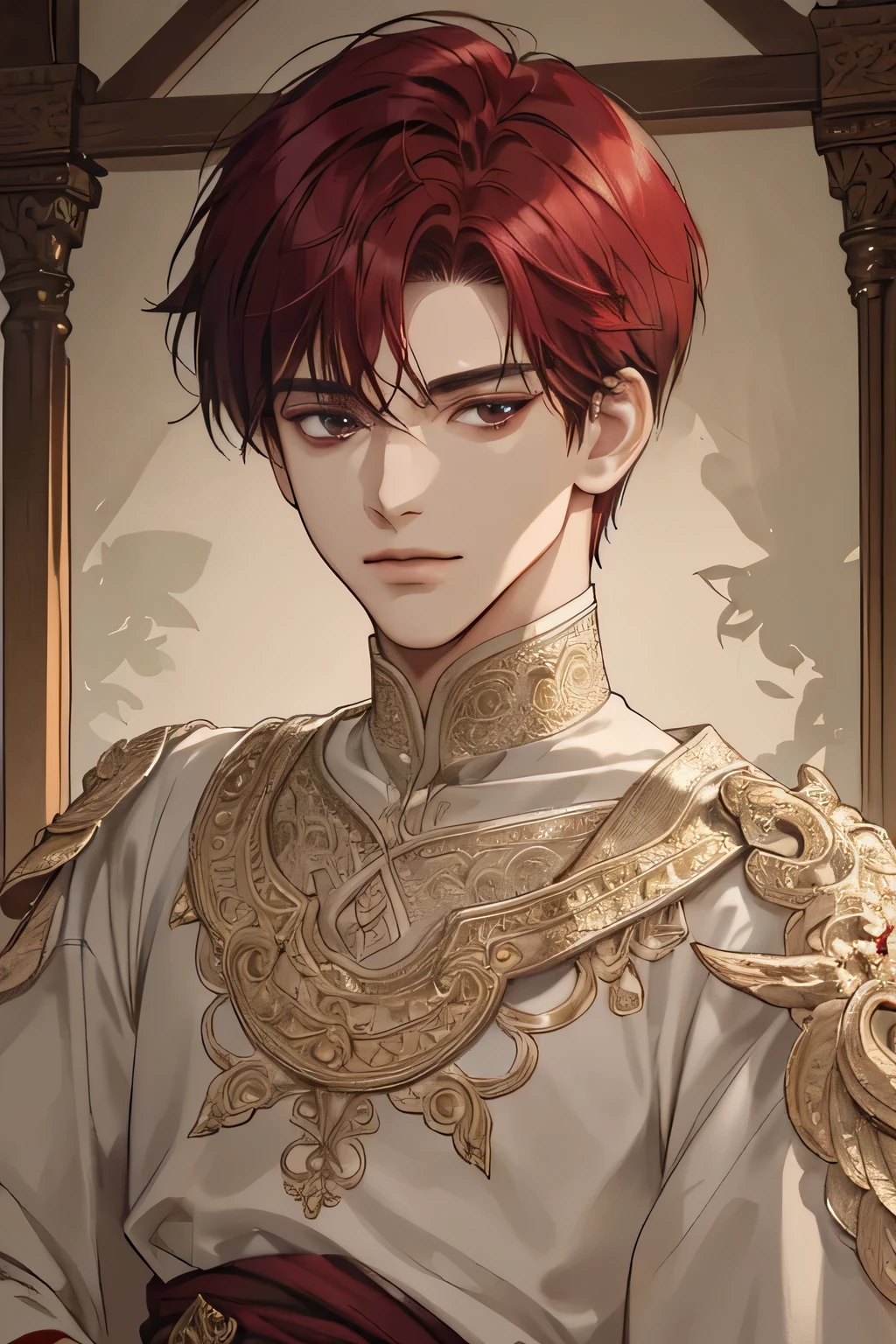 (extreamly delicate and beautiful:1.2), 8K,(masterpiece:1.0),(best_quality:1.0), 1 Boy, and intricate detailing, Enlarged textures, and intricate detailing, finely eye and detailed face, and intricate detailing, shiraga, maroon red short hair, (closed mouths), Perfect eyes, Equal eyes, black eyes (A Male god) sword master, Tan Skin
Look at camera