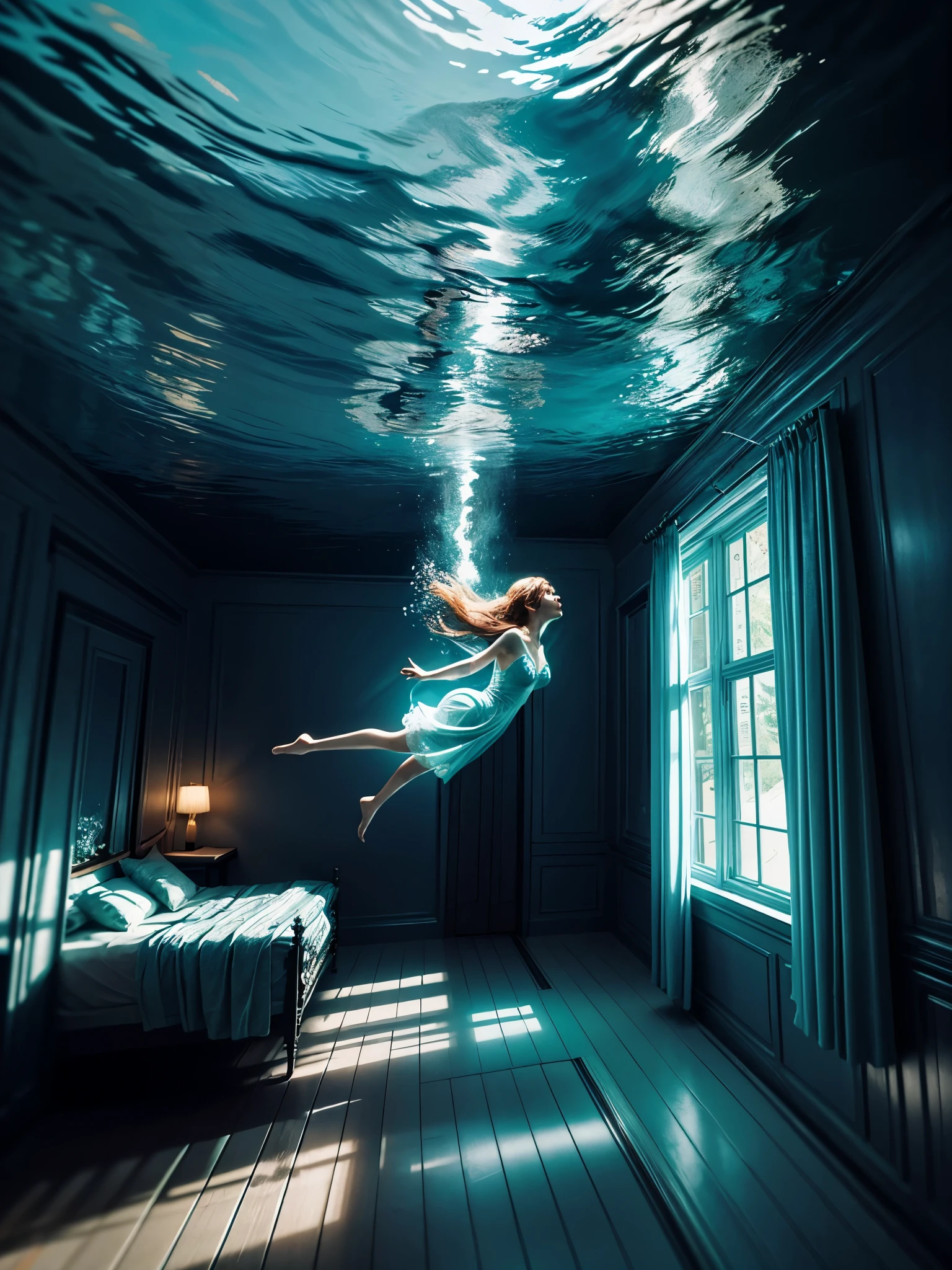 there is a woman floating in a room with a window, under water visual distortion, still from a music video, thalassophobia, inspired by Elsa Bleda, suspended underwater, virtual metaverse room, floating under water, astral projection, surreal photo, underwater perspective, photo taken in 2 0 2 0, highly detailed surreal vfx, in a underwater horror scene