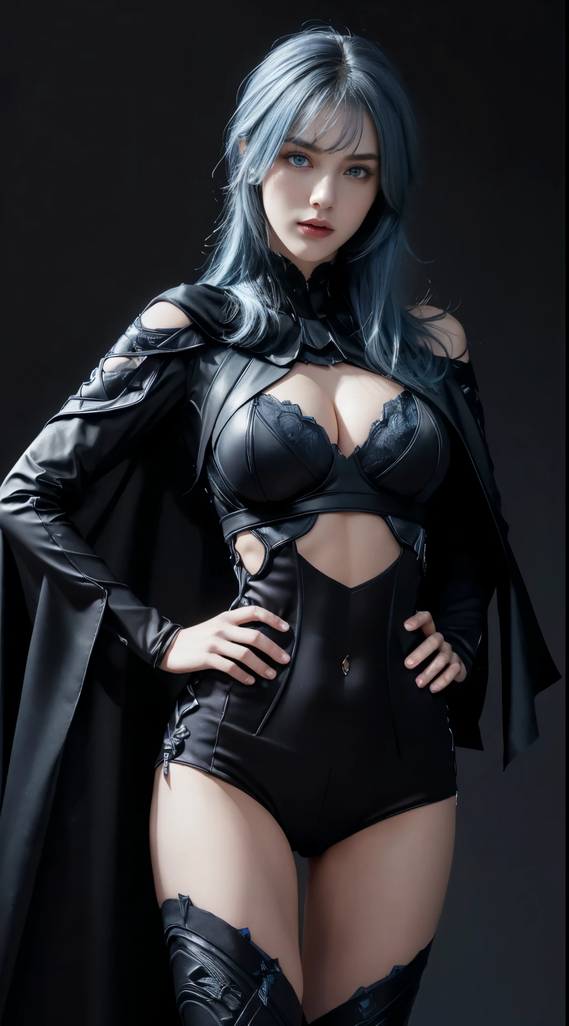 8K, Top Quality, Intricate Details, Ultra Detail, Ultra High Resolution, Masterpiece, close up shot, (full body: 1.1), Slender, Smile, (Makeup: 0.4), (Fluffy blue Eyes: 1.21), (()), 1girl, solo, 1 girl, ((blue hair, bangs)), close up shot, , ((tall)), (((fit body))), (((slim face))), sharp face, (()) ,(detailed face), sharp face, small lips, , , ,
((, )), , ((batman suit, batman mask, black cape)), detailed face, detailed breast, , ((large breast, huge , , Narrow Waist, Skinny, tall , 190 cm tall, Muscular, Navel, Exposed Abdomen, Pointed Chest,, Beautiful girl with accentuated slender abs: 1.4, Six Pack Abs: 1.4, Bust Botox, Big, Perfect Body, detail leg, (( dark background)), black background,