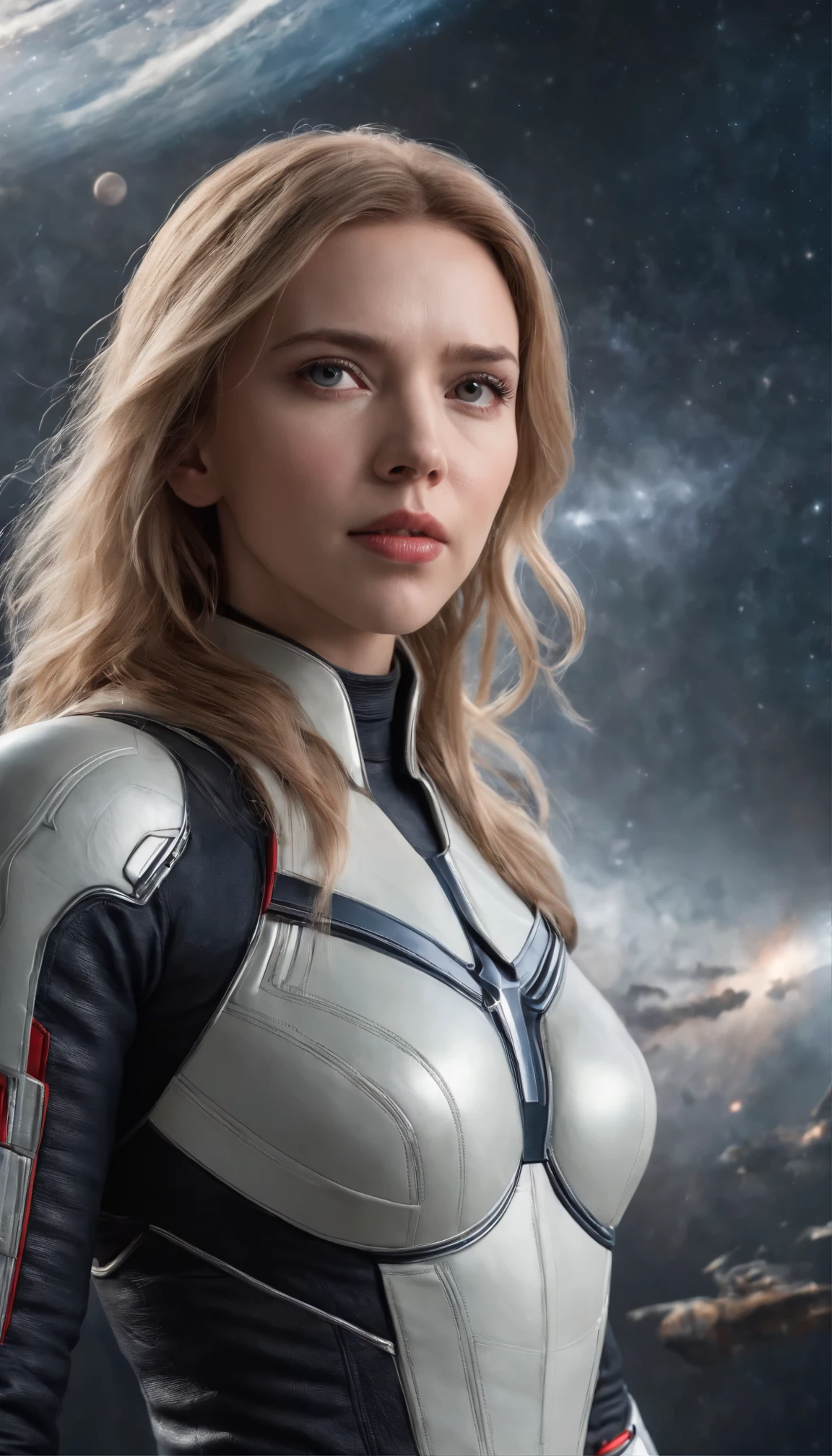 Highest quality、ultra-detailed 4K、A scene from a movie,masterpiece:1.5、 Realistic、ハイパーRealistic:1.6、Black Widow Scarlett Johansson in a white armored suit, Blonde hair cascading down her shoulders、A captivating image of Anycemar with bangs framing a detailed face。 Staring into the depths of space、 Surrounded by the complexity of the universe、 star々、惑star、A vast space where galaxies swirl。 The complex texture of the space is revealed through careful attention to detail、 遠い惑starのクレーターから遠くのstarの渦巻くガスまで、 きらめくstar,Scarlett Johansson's face details