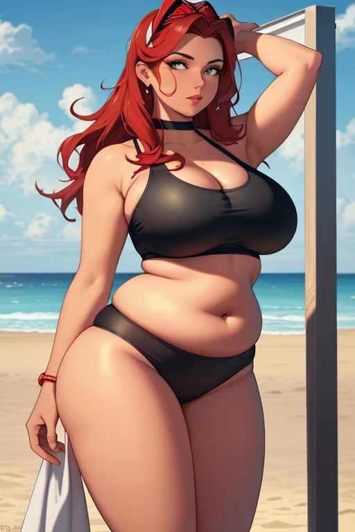 (Masterpiece), (detailed), (high res), (best quality), curvy lifeguard standing on a beach, heavy lower body, pudgy thighs, heavy body, stomach, ful midriff