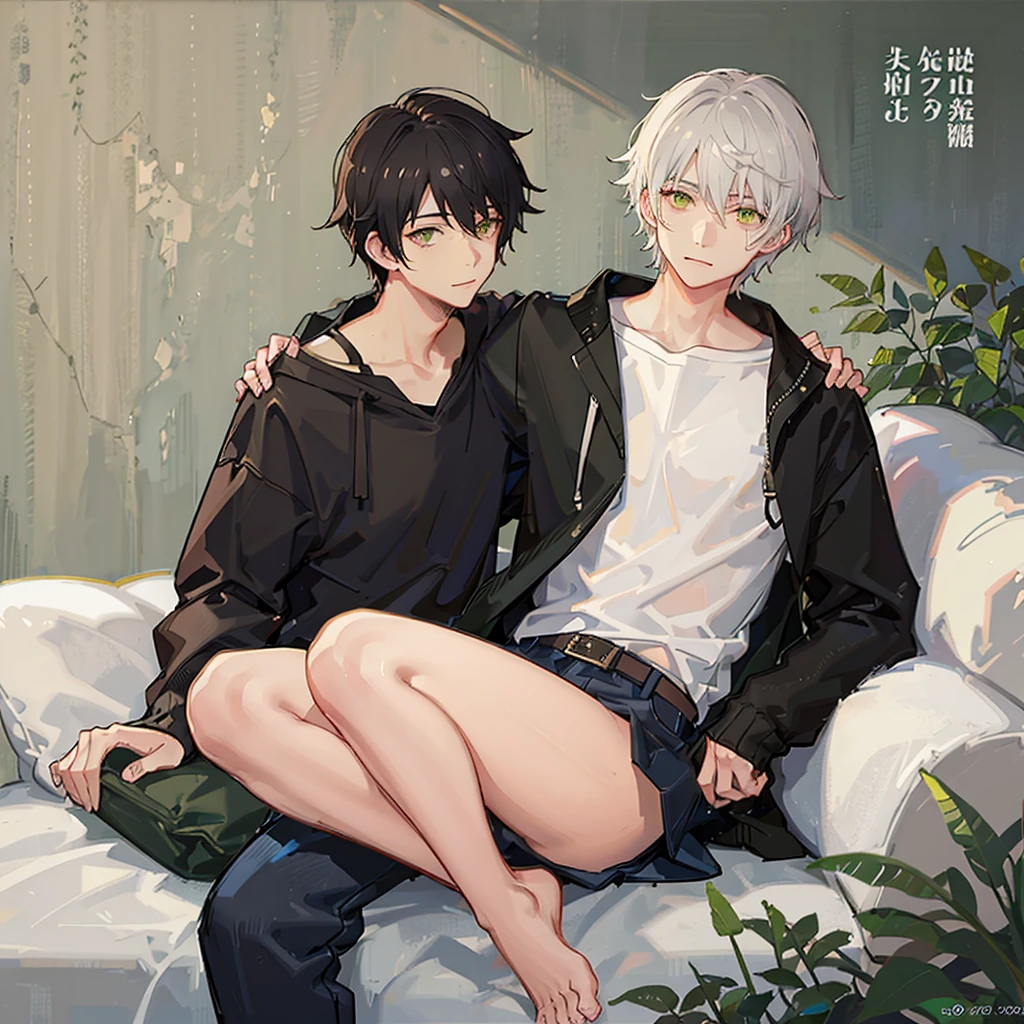 Soft boy with twenty years old,white shortcut hair,green sleepy eyes ,soft smile,sweatshirt anime style ,hugs another guy which twenty five year old ,black wolf hair,yellowish brown sharp eyes ,wears black jacket