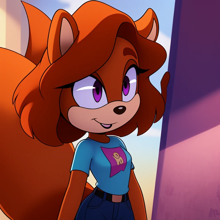 sonic_(series), mobian squirrel, thin body, skinny figure, brown hair, wavy bangs, short hair, fluffy hair, white fur, violet eyes, black eyelids, t-shirt, jeans, beautiful, pretty, cute, masterpiece, 4k, high quality, studio quality, detailed, insanely detailed, extreme detail, refined detail, perfect detail, max detail, black lipstick, squirrel girl