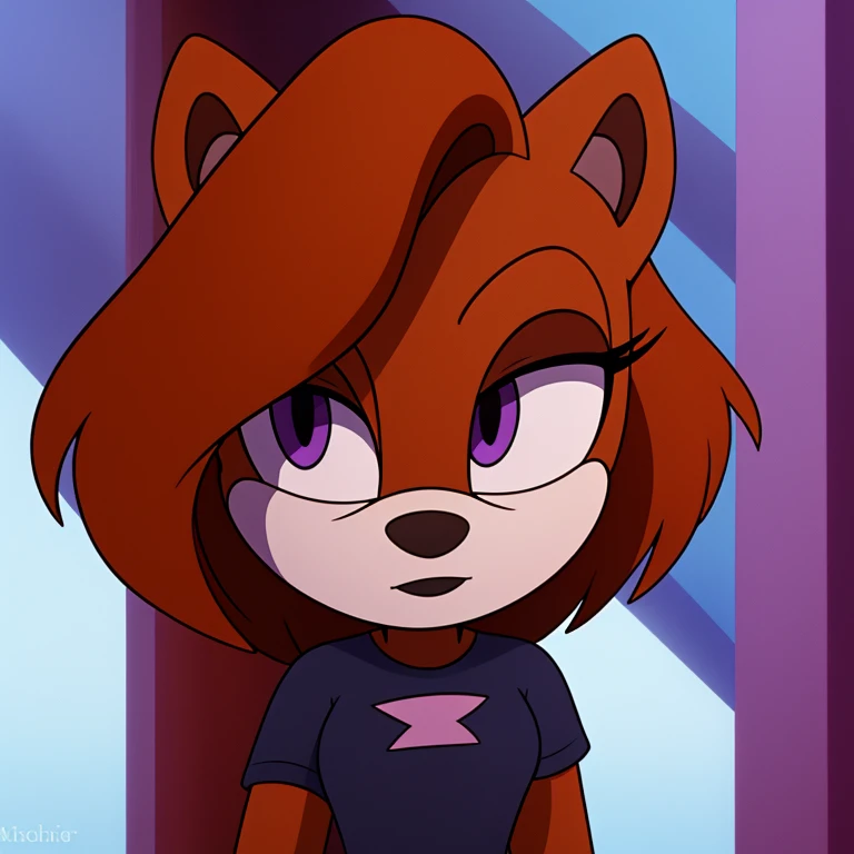 sonic_(series), mobian squirrel, thin body, skinny figure, brown hair, wavy bangs, short hair, fluffy hair, white fur, violet eyes, black eyelids, t-shirt, jeans, beautiful, pretty, cute, masterpiece, 4k, high quality, studio quality, detailed, insanely detailed, extreme detail, refined detail, perfect detail, max detail, black lipstick, squirrel girl