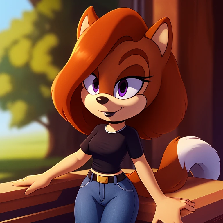 sonic_(series), mobian squirrel, thin body, skinny figure, brown hair, wavy bangs, short hair, fluffy hair, white fur, violet eyes, black eyelids, t-shirt, jeans, beautiful, pretty, cute, masterpiece, 4k, high quality, studio quality, detailed, insanely detailed, extreme detail, refined detail, perfect detail, max detail, black lipstick, squirrel girl